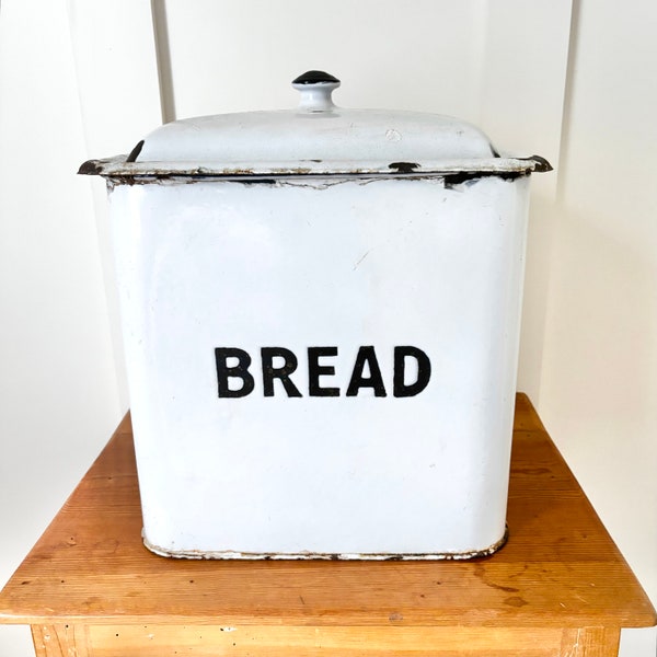 Vintage Metal Enamel Bread Box Tin - Black Lettering