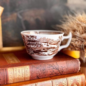 May include: A white ceramic teacup featuring a brown transferware landscape pattern of buildings, trees, and a body of water. The cup has a curved handle and sits atop a stack of antique leather-bound books with gold embossed spines.