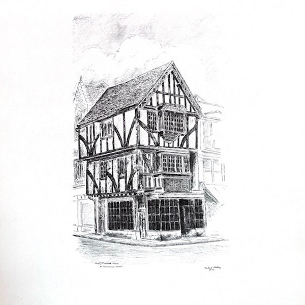 Vintage Lithograph Oxford England Half Timbered House on Cornmarket Street Bulent Atalay