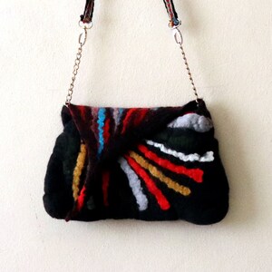 Black Felted purse rainbow felted handbag, needle felt crossbody women's purse eco friendly image 4