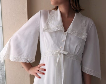 White Dress Type Coat Cardigan Vintage Long Robe Dress Lace Trim Chelsea Collar Dress Shirtdress