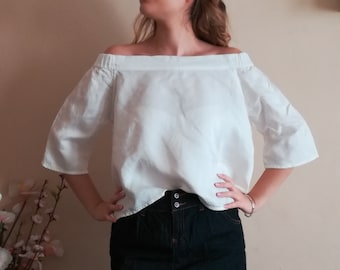 Blouse en lin blanc pour femme, blouse d’été à épaule ouverte 3/4 manches haut en lin femme