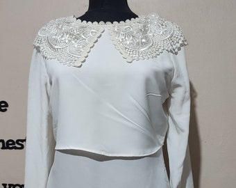 Embroidered Peter Pan Collar Blouse Womens Ivory Lace Collar Top, Long Sleeve Victorian style Blouse