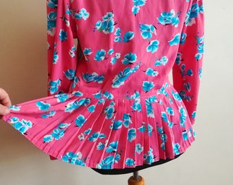 Vintage Elegant Floral Blouse Shirt Blue in Pink Women Pleated Shirt Long Sleeves Blouse
