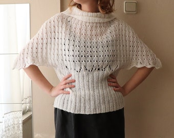 White knit sweater blouse  Vintage See Through hand knitted women lace pullover bat Wing Autumn Jumper