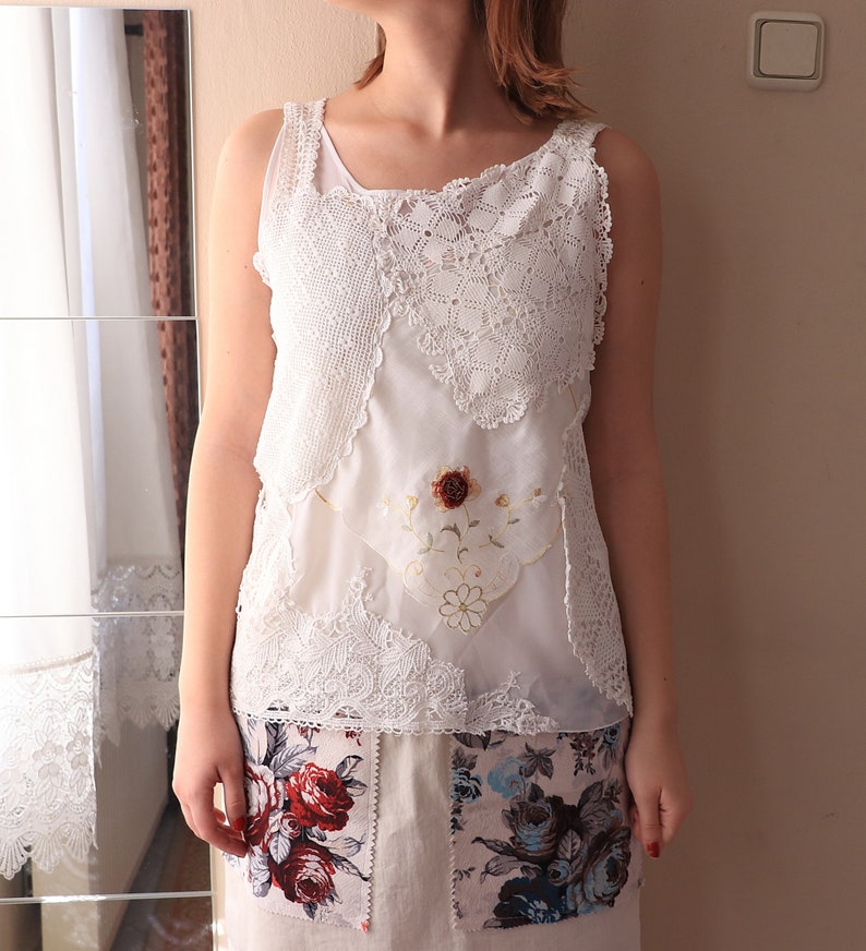 Lace Camisole White Top Tank With Crochet Doily Embellished Etsy