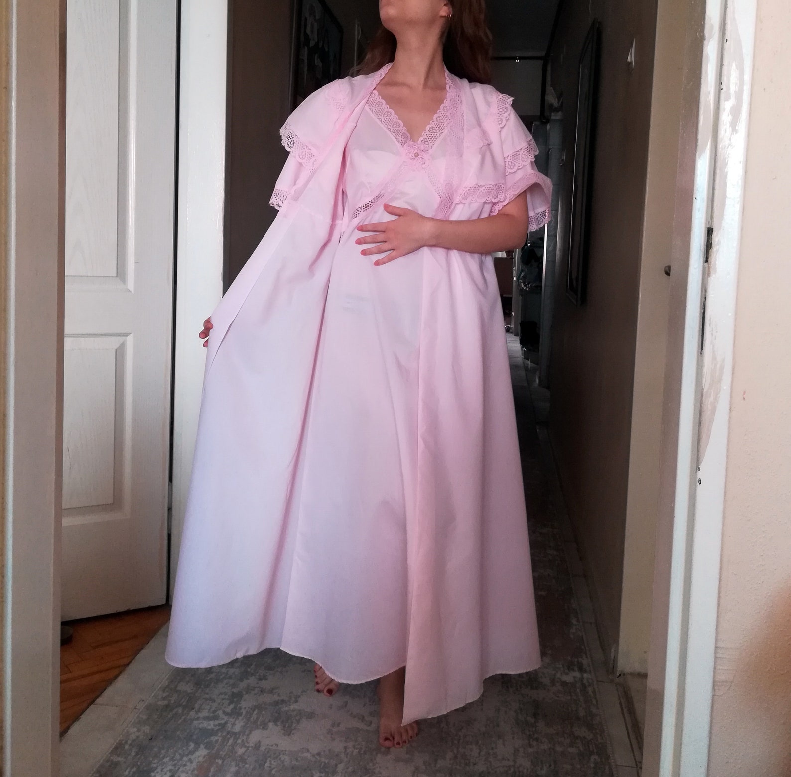 Vintage Peignoir Set Pink Cotton Robe Victorian Nightgown Set, Angel ...