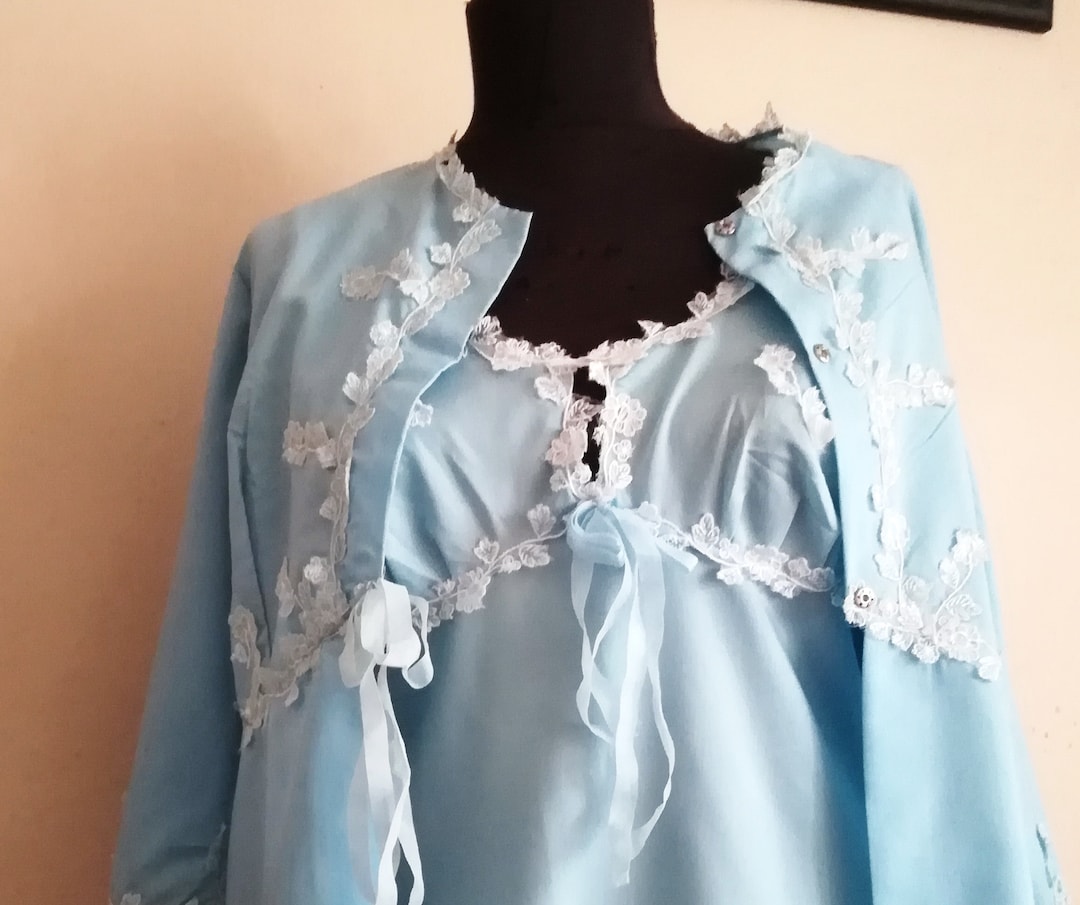 Vintage Nightgown Set Pale Blue Long Nightgown Matching Robe Set Peignoir Set Etsy
