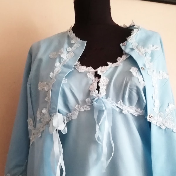 Vintage Nachthemd Set hellblau lange Nachthemd passende Robe Set Peignoir Set