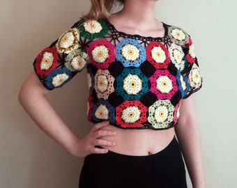 Granny Square Sweater Vest Crop Top Daisy Flower Sweater Knit Tank Top Granny Crochet Sweater Jumper