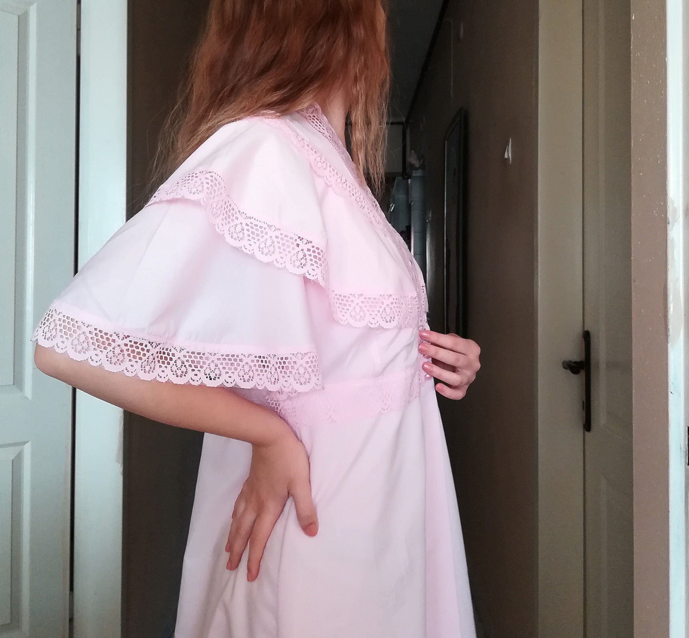 Vintage Peignoir Set Pink Cotton Robe Victorian Nightgown Set, Angel ...