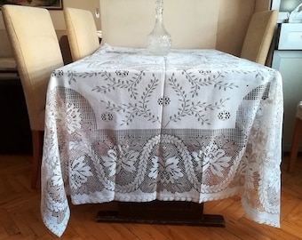 Vintage large lace tablecloth set rectangle table covering with matching napkins 240cm