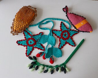 Vintage 5 pieces Crochet fish toy, hand crocheted fruits, olives, pineapple, cherry