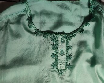 Recycled  silk blouse, Redesigned  Reworked mint green top