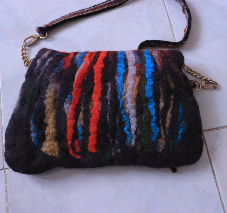 Black Felted purse rainbow felted handbag, needle felt crossbody women's purse eco friendly image 9