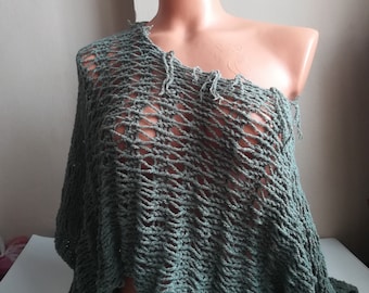 Knitted slouchy sweater off shoulder, Sage Green Handmade Summer Sweater Oversize Women's