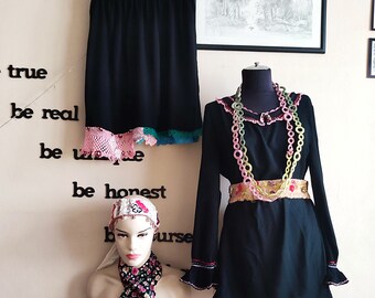 Black ethnic suit skirt and tunic with white belt, beads embellished  burlap belt, floral tie and crcohet necklace