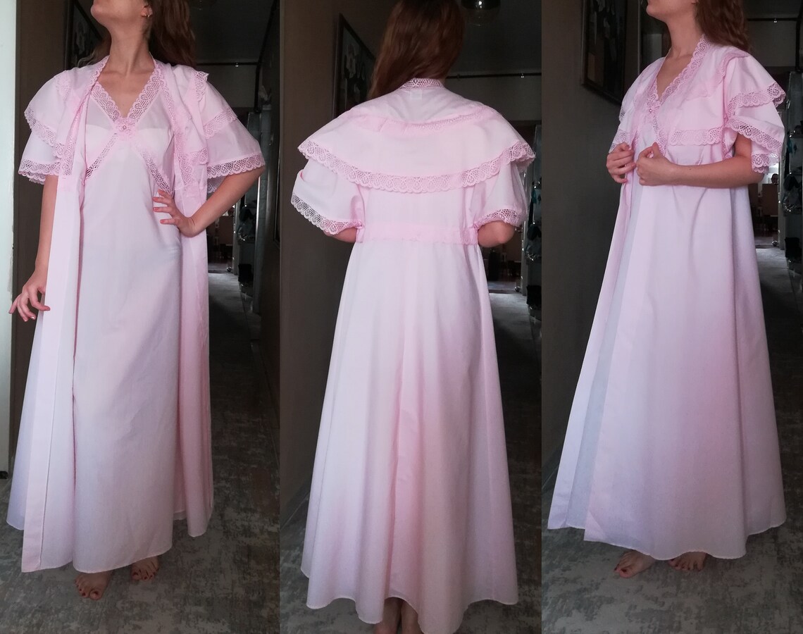 Vintage Peignoir Set Pink Cotton Robe Victorian Nightgown Set, Angel ...