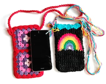 Neck Phone Bag Black Crochet Phone Case Rainbow Cell Phone Pouch Granny Square Phone Purse