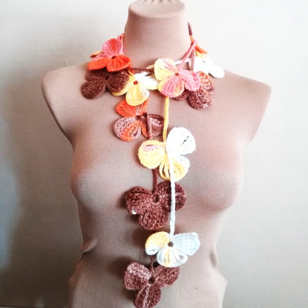 Crochet Flower Scarf Necklace Lariat Fall Autumn colors Accessory Women