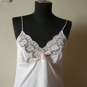 Vintage full slip, Blush Pink Lace Silky Midi Lingerie Sheer Nightgown 1980s Sleepwear
