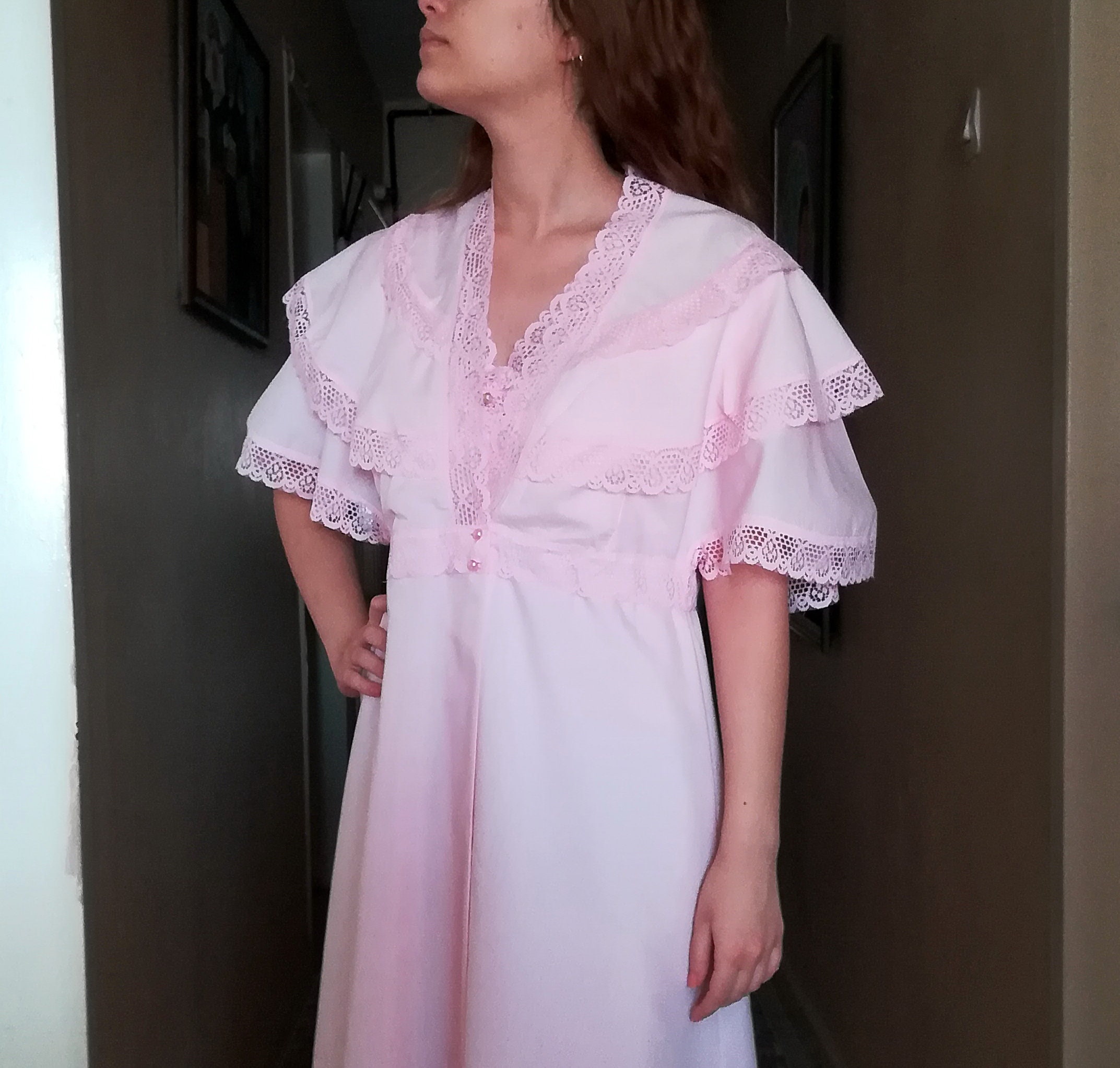 Vintage Peignoir Set Pink Cotton Robe Victorian Nightgown Set, Angel ...