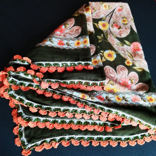 Vintage Turkish scarf, floral scarf traditional oya borders yazma yemeni square Turkish scarves