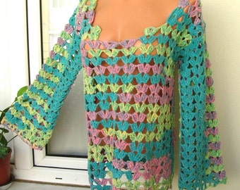 Colorful Handmade Sweater Multicolored Long Sleeve Network Jumper plus size
