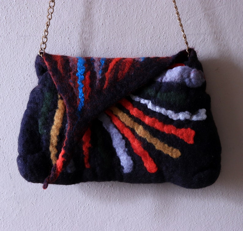 Black Felted purse rainbow felted handbag, needle felt crossbody women's purse eco friendly image 5