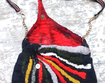 Black Felted purse rainbow felted handbag, needle felt crossbody women's purse eco friendly