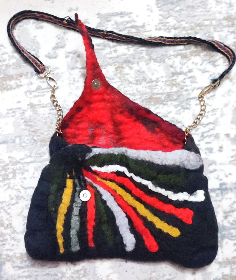 Black Felted purse rainbow felted handbag, needle felt crossbody women's purse eco friendly image 1