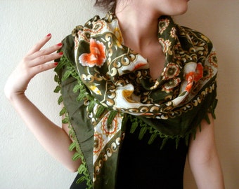 Women Scarf, Floral Square Scarf Hand Crochet leaves Embroidered Shawl Gift ideas for her Women scarves