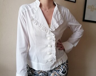 Womens vintage blouse white ruffle blouse Women's ruffles top long sleeve ruffle front bust 38" 40"