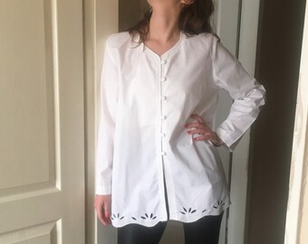 Vintage Blouse White Shirt Cotton Top, Long Sleeve Shirts Women's White Button up Blouse