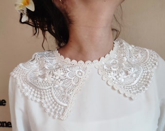 Embroidered Peter Pan Collar Blouse Womens Ivory Lace Collar Top, Long Sleeve Victorian style Blouse