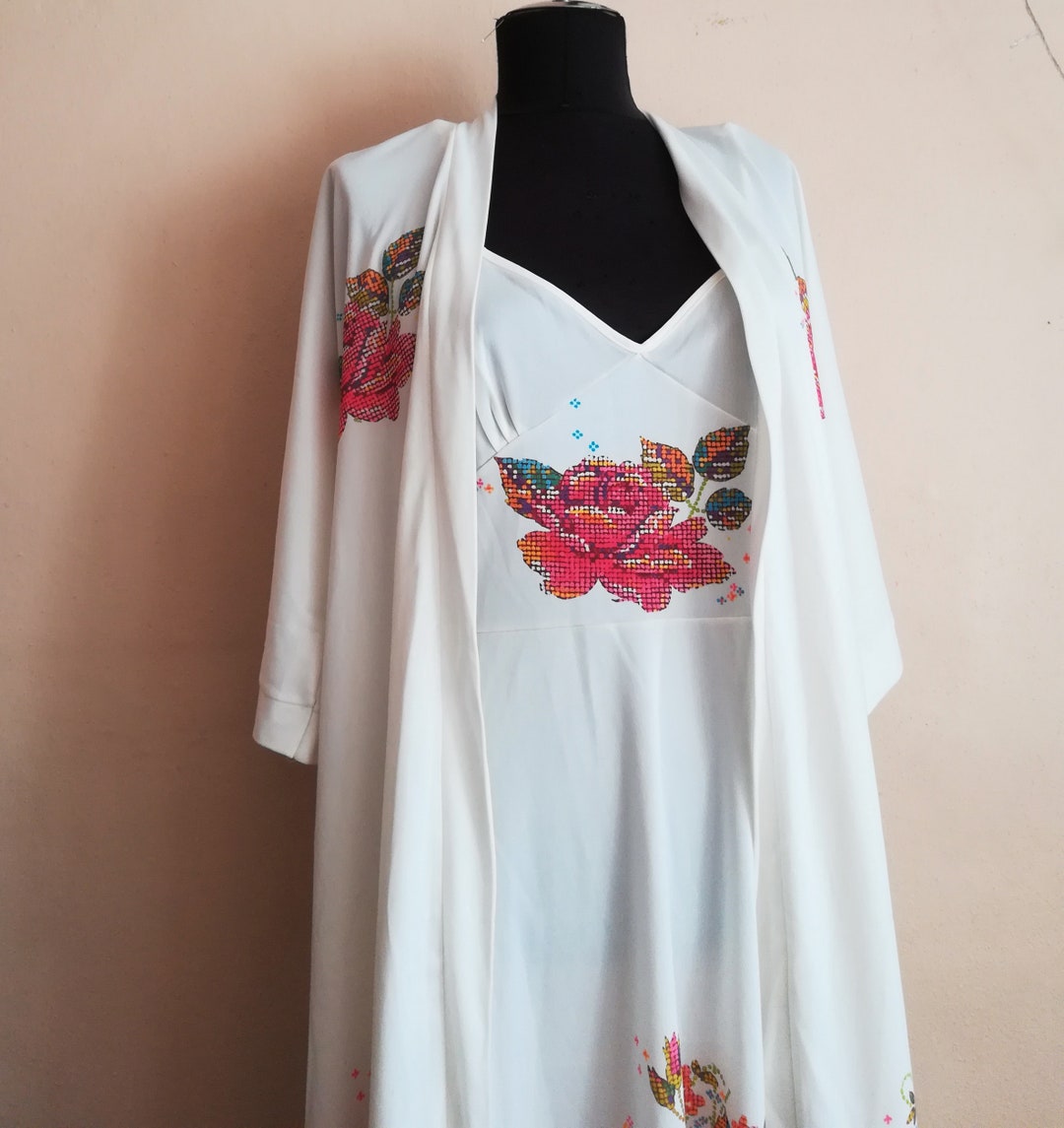 Vintage Nightgown Robe Set, White Kimono Robe Nightgown Women Small