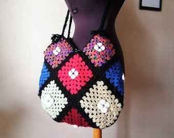 Granny Square Bag, Hippie Crochet Shoulder Bag, Boho  Granny Square Crochet Bag