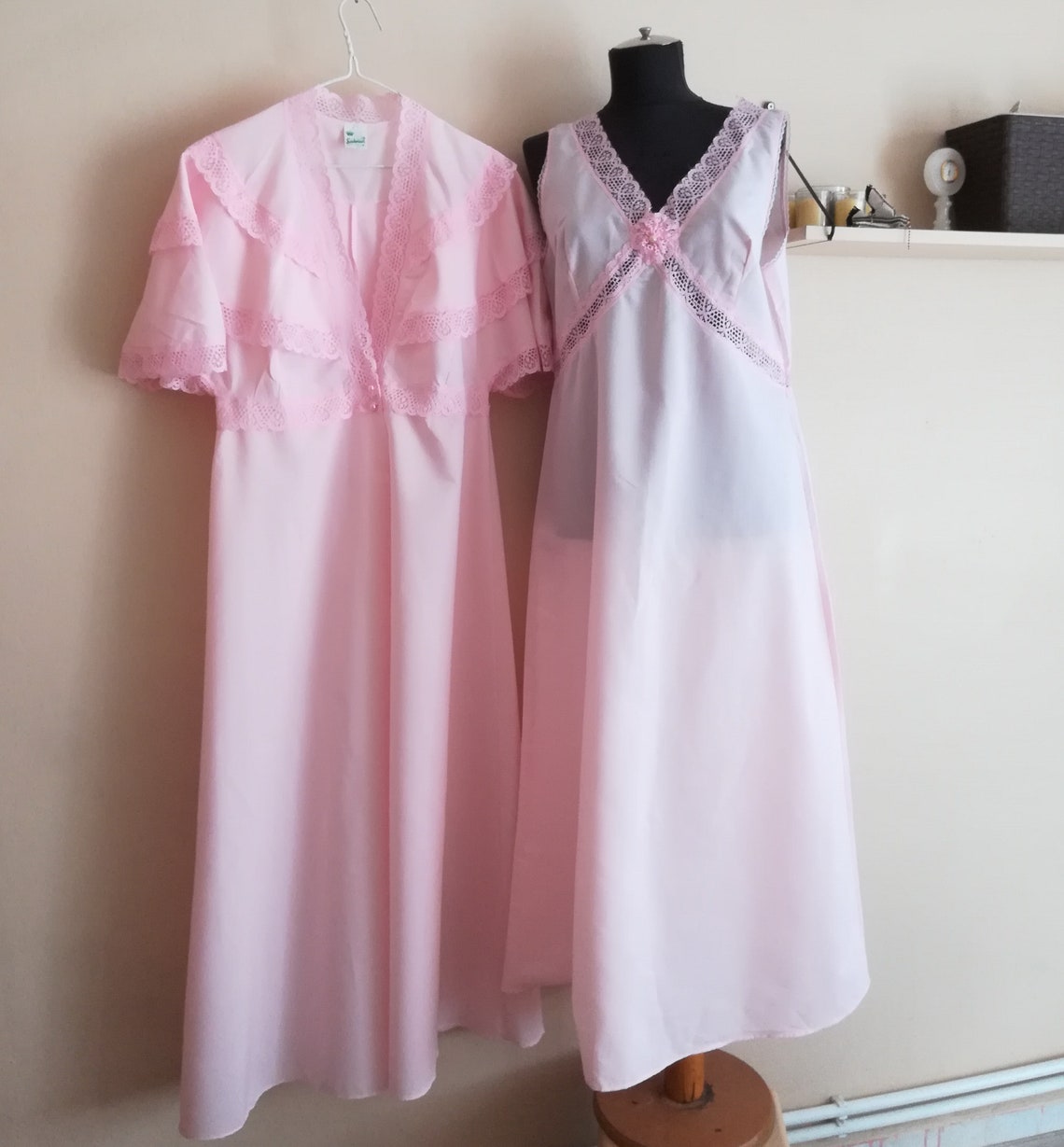 Vintage Peignoir Set Pink Cotton Robe Victorian Nightgown Set, Angel ...
