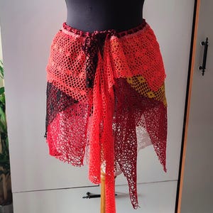 Asymmetrical lace Pixie skirt. colorful shredded skirt. neon pink, re, yellow, black Witchy skirt