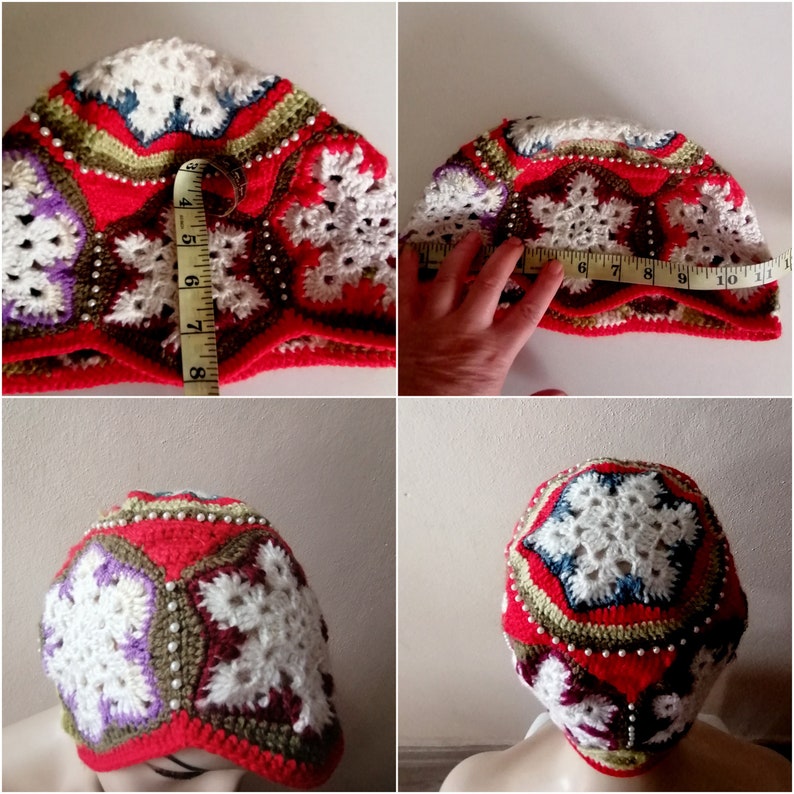 Bunte handgestrickte Beanie, Schneeflocke Weihnachtsmütze, Oma quadratische Beanie Bild 8