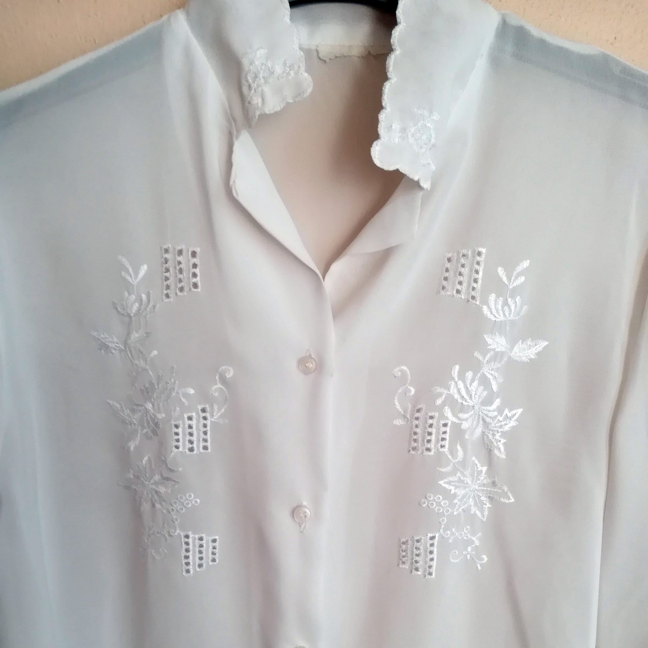 White see through blouse women vintage 70s embroidered blouse | Etsy