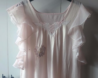 Vintage long nightgown, pale pink lavender layered flare sleveless pink pearl nightie