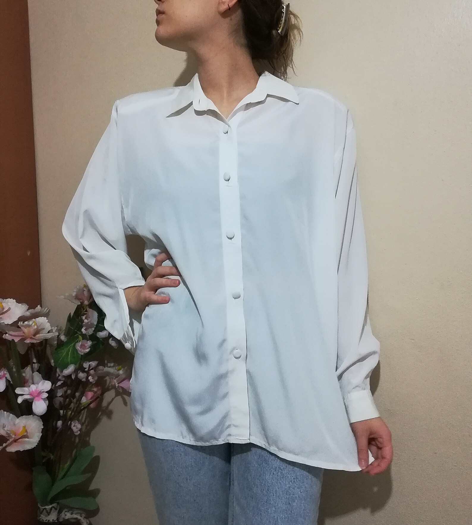 80s shoulder pad blouse Buttoned Collar Long Sleeve Blouse Etsy