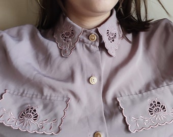 Lavender vintage blouse cut work shirt dusty rose Blouse with cutwork embroidery scalloped neck