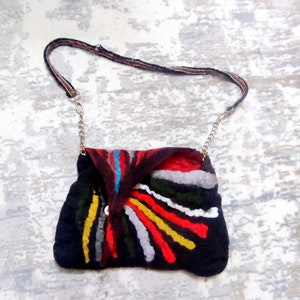 Black Felted purse rainbow felted handbag, needle felt crossbody women's purse eco friendly image 3