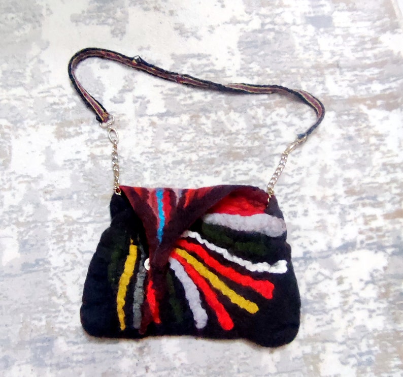 Black Felted purse rainbow felted handbag, needle felt crossbody women's purse eco friendly image 3