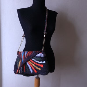 Black Felted purse rainbow felted handbag, needle felt crossbody women's purse eco friendly image 7