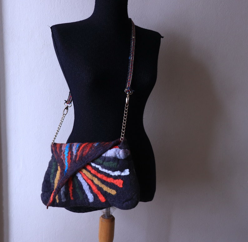 Black Felted purse rainbow felted handbag, needle felt crossbody women's purse eco friendly image 7