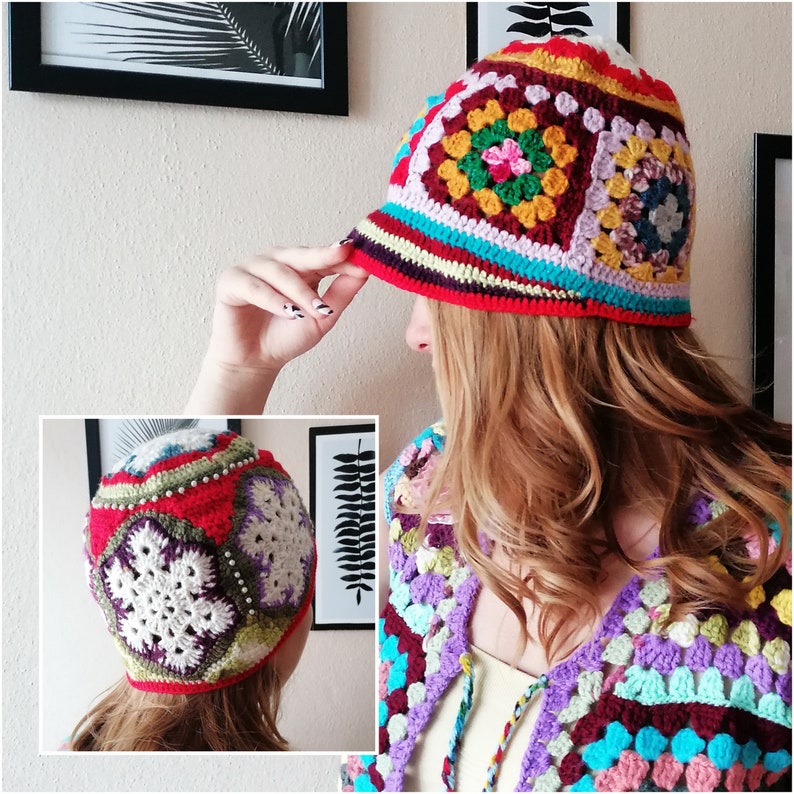 Bunte handgestrickte Beanie, Schneeflocke Weihnachtsmütze, Oma quadratische Beanie Bild 10