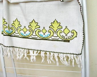 Vintage hand cross stitch Embroidered fringe runner, Ivory Rectangle Tablecloth Sale 2016